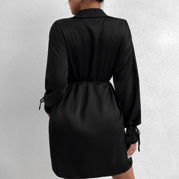 Black Elegant Women's Solid Color Satin Collar Cinched Waist Long Sleeve Dress - Picture 2 of 5